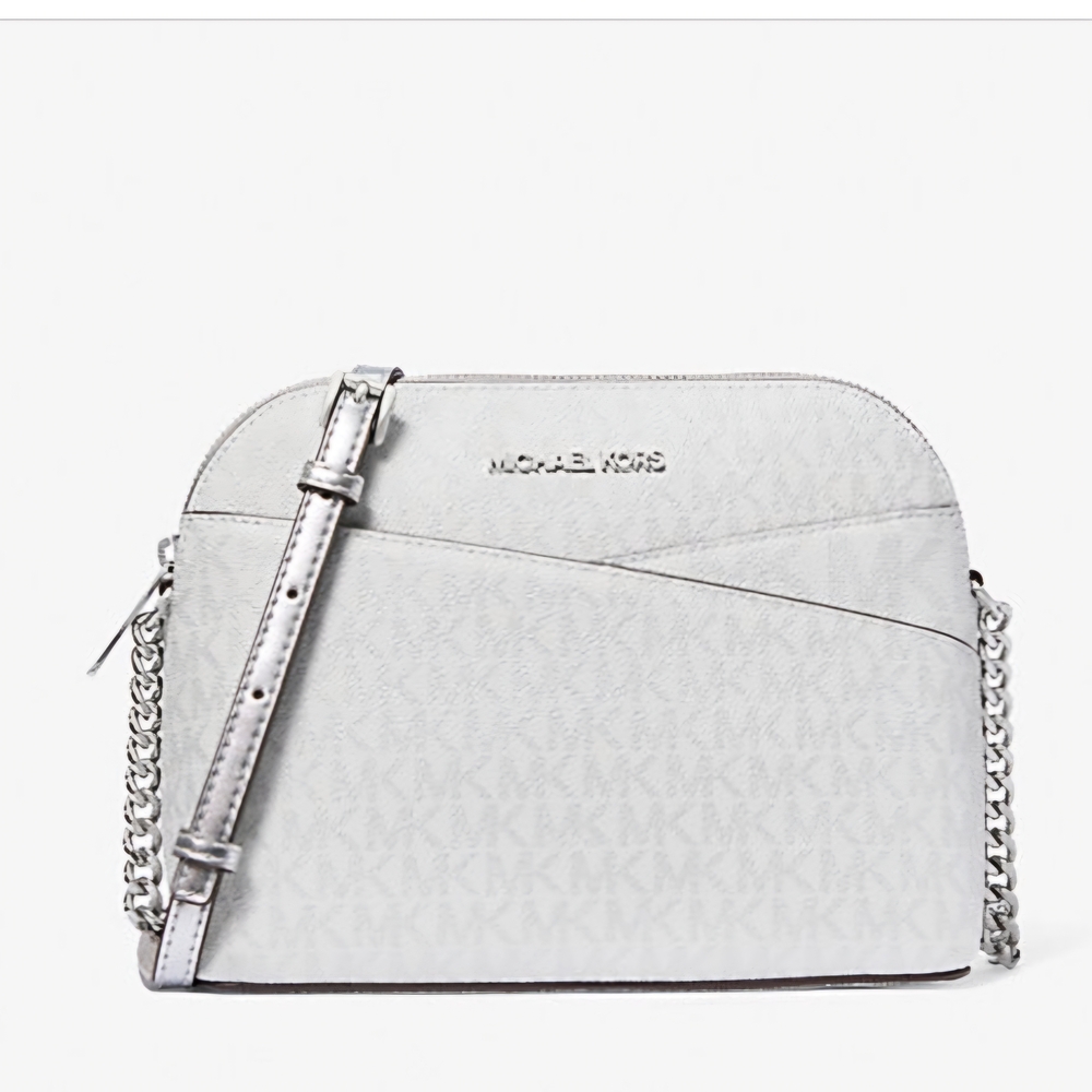 Michael Kors White/Silver Jet Set Travel Medium Signature Logo Dome Cros…
